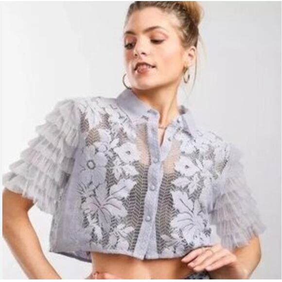 Women's Free People Madonna Cropped Lace Blouse Ruffle Sleeves Top size M Fairy - Picture 5 of 5
